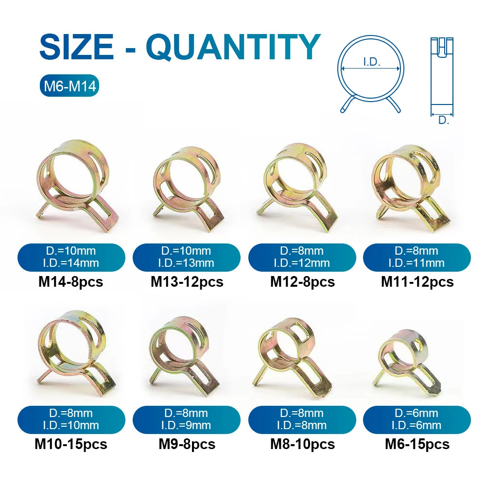 NINDEJIN 88pcs Spring Hose Clamp Zinc Plated M6-M14 Fuel Line Silicone Vacuum Hose Pipe Clamp Steel Wire Tube Pipe Clip Fastener