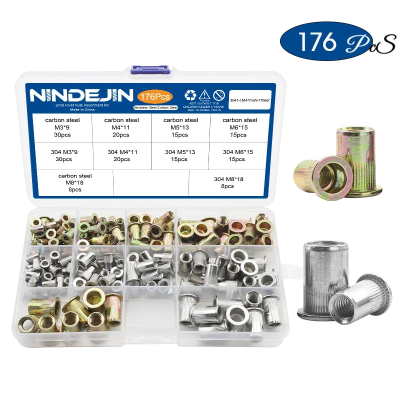 NINDEJIN Aluminum Rivet Nut Kit M3 M4 M5 M6 M8 M10 M12 Blind Rivnut Set Stainless Steel Carbon Steel Threaded Insert Nut Kit
