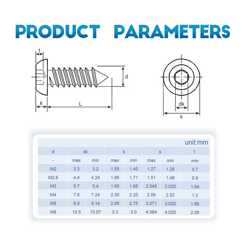NINDEJIN 5-50pcs Button Head Hex Socket Self Tapping Screw M2 M2.6 M3 M4 M5 M6 Stainless Steel Allen Head Tapping Wood Screw