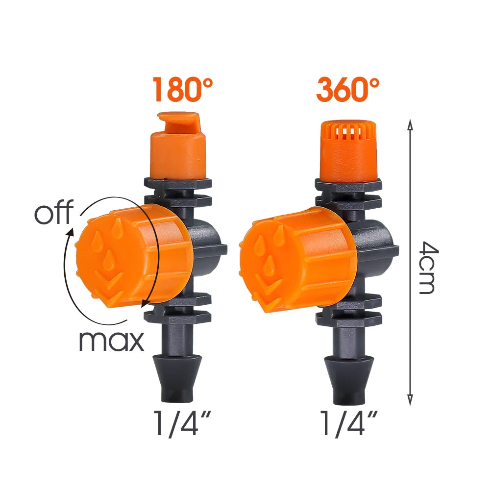 10PCS 180° 360° 1/4 "" 0-80L/h Adjustable Watering Sprinkler Nozzle Micro Drip Irrigation for Garden Greenhouse plants System