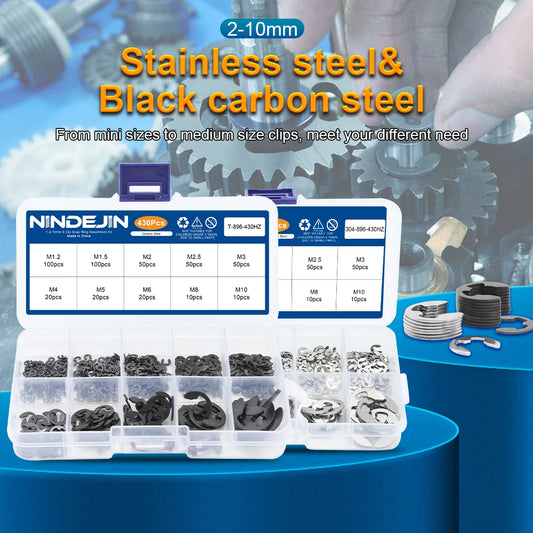 NINDEJIN 430pcs e-clip Assortment Kit M1.2-M10 Stainless Steel Carbon Steel Snap Ring Washer E-shaped External Retaining Ring - KiwisLove