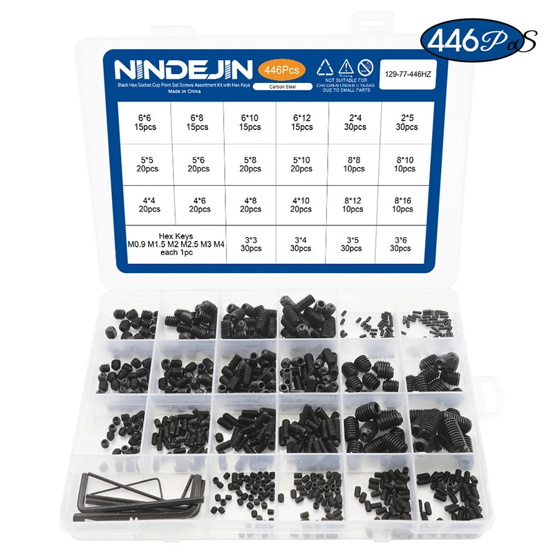 NINDEJIN Hex Socket Cup Point Set Screw M2 M2.5 M3 M4 M5 M6 M8 12.9 Carbon Steel Headless Allen Head Grub Screw Assortment Kit