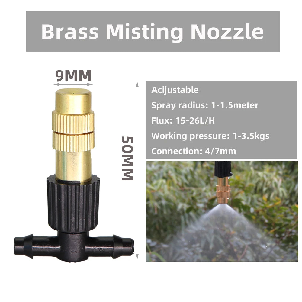5M-30M Garden Brass Misting Cooling System Irrigation Watering 1/4'' Atomizer Nozzles 4/7mm Hose for Outdoor Greenhouse Pot