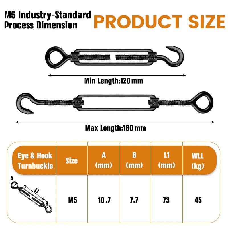 6/10pcs Stainless Steel 304 Adjust Chain Rigging Black Hooks & Eye Turnbuckle M5 Wire Rope Tension Device Line
