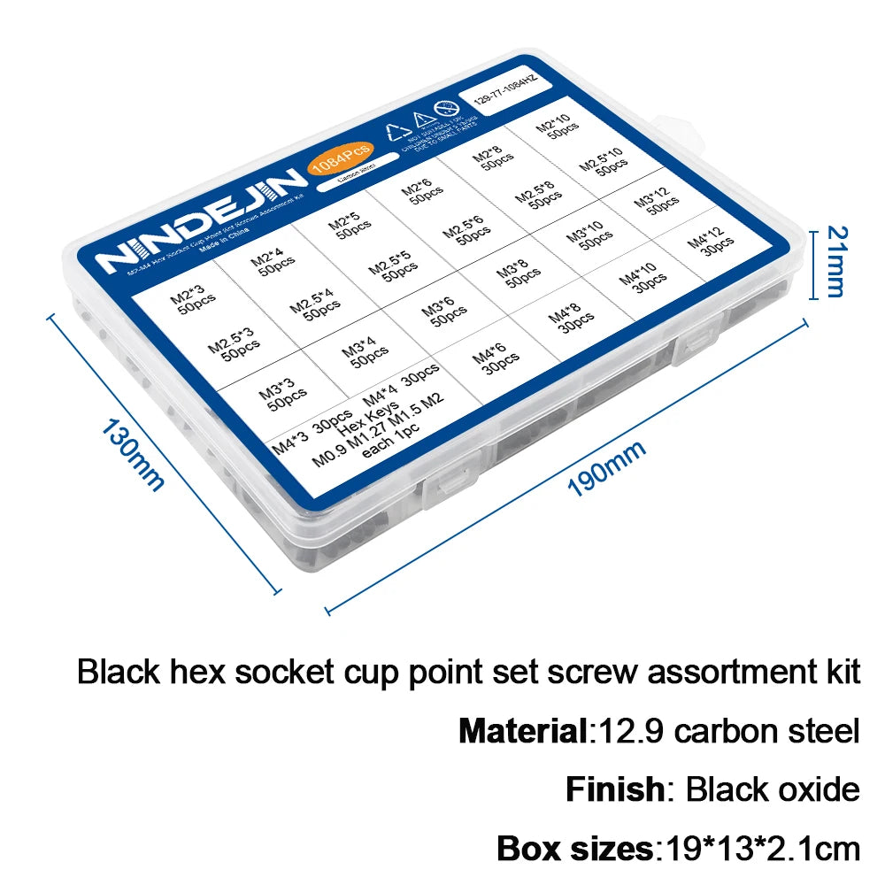 NINDEJIN Hex Socket Cup Point Set Screw M2 M2.5 M3 M4 M5 M6 M8 12.9 Carbon Steel Headless Allen Head Grub Screw Assortment Kit