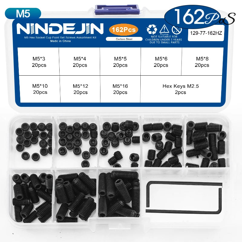 NINDEJIN Hex Socket Cup Point Set Screw M2 M2.5 M3 M4 M5 M6 M8 12.9 Carbon Steel Headless Allen Head Grub Screw Assortment Kit