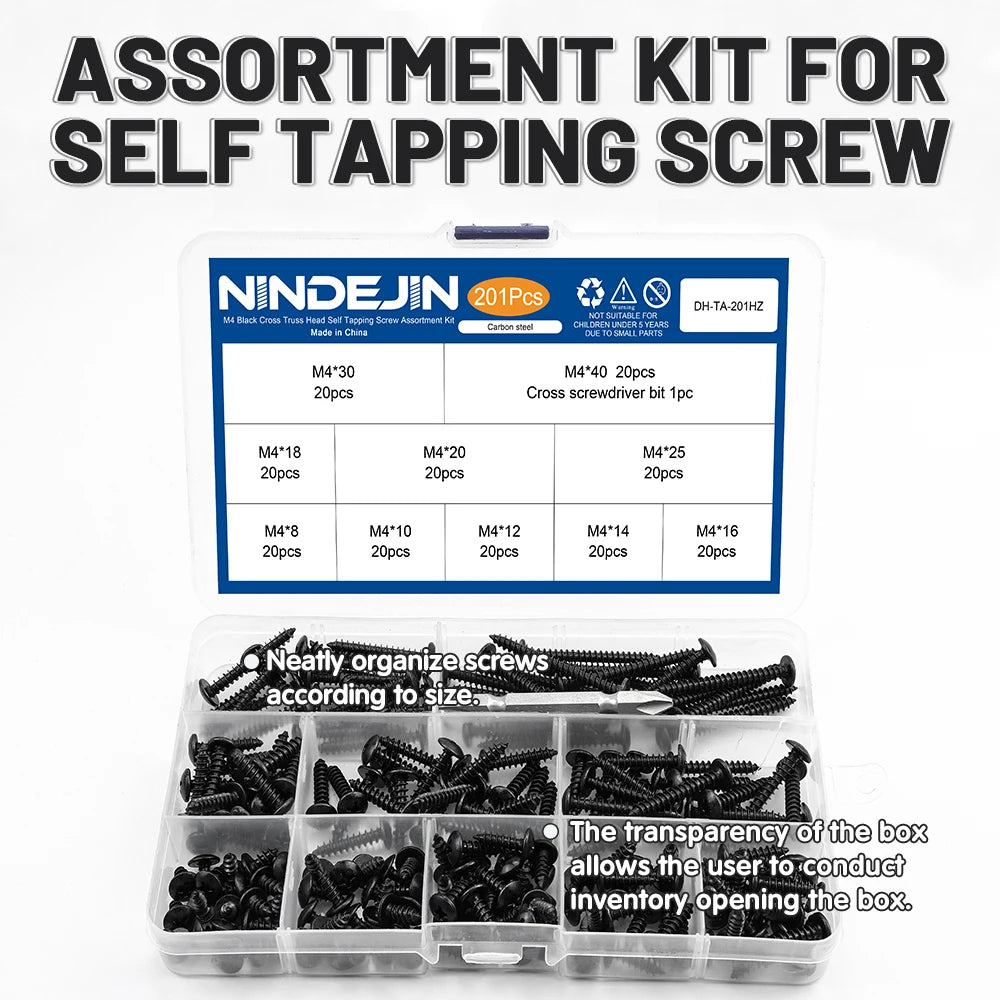 NINDEJIN Cross Truss Head Self Tapping Screw Set M3 M3.5 M4 M5 Black Plated Phillips Mushroom Head Machine Screw Assortment Kit