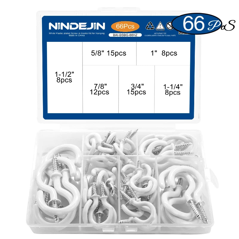NINDEJIN 66pcs Screw hooks 3/4"-1-1/2" Black White Heavy Duty Screw in Hook Hanger Wood Wall Ceiling Hooks for Kitchen Shelf
