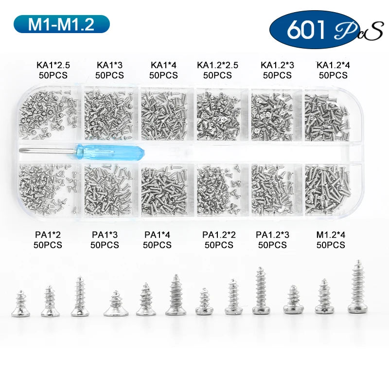 NINDEJIN 601pcs Electronic Screw Kit Nickel Plated Flat Round Head Mini Micro Screw Set Phone Glasses Tapping Screw Kit M1-M1.7