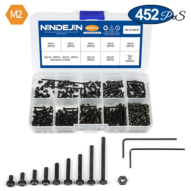 NINDEJIN hex hexagon socket head cap screw nut 12.9 grade carbon steel m2 m2.5 m3 m4 m5 m6 screw set bolt and nut assortment kit