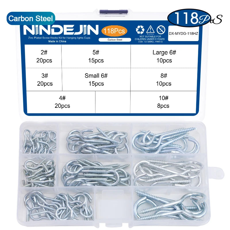 100/118/150/185pcs Wall Hook Screw Hook Set Hanger Screw-in Hook Kit Light Ceiling Kitchen Cup Hook Carbon Steel Screw Eye