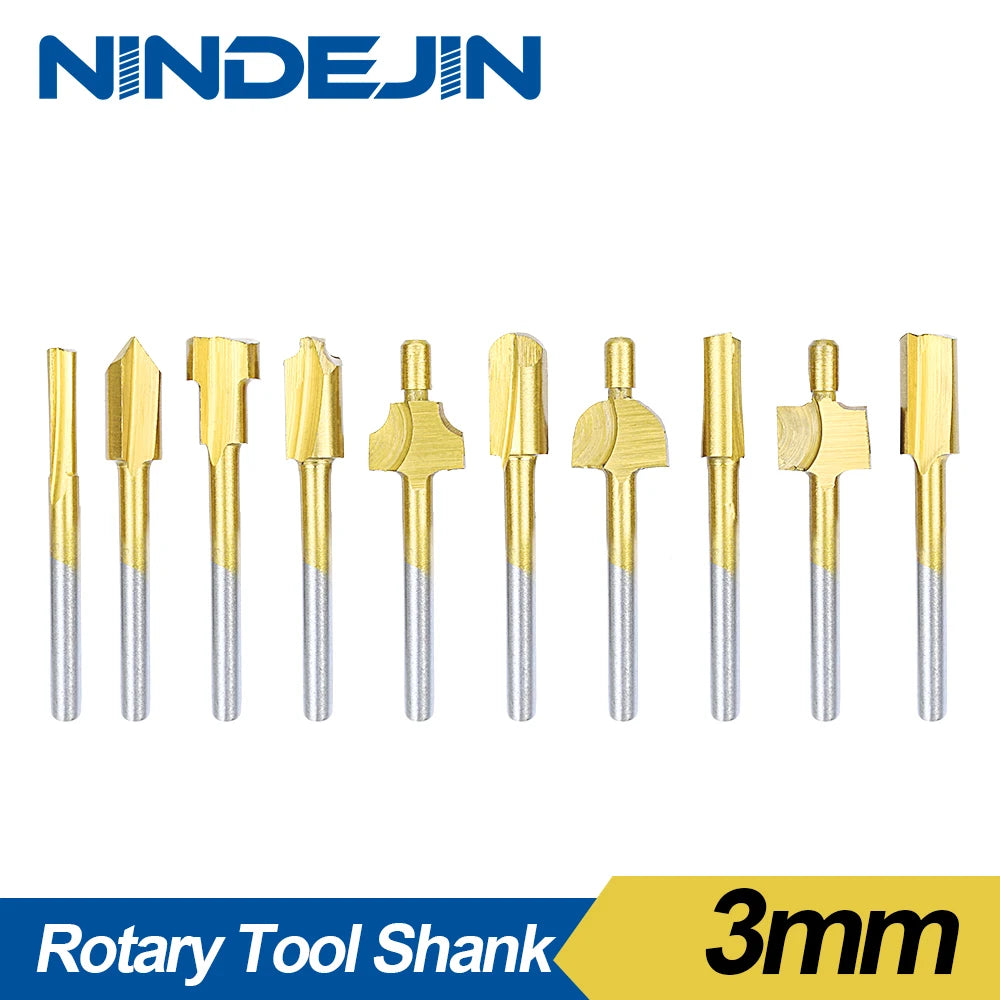 NINDEJIN 10pcs HSS Router Bit Set Wood Cutter Milling Fits Titanium 1/8" Shank Dremel Accessory Engraving Carpenter Rotary Tools - KiwisLove