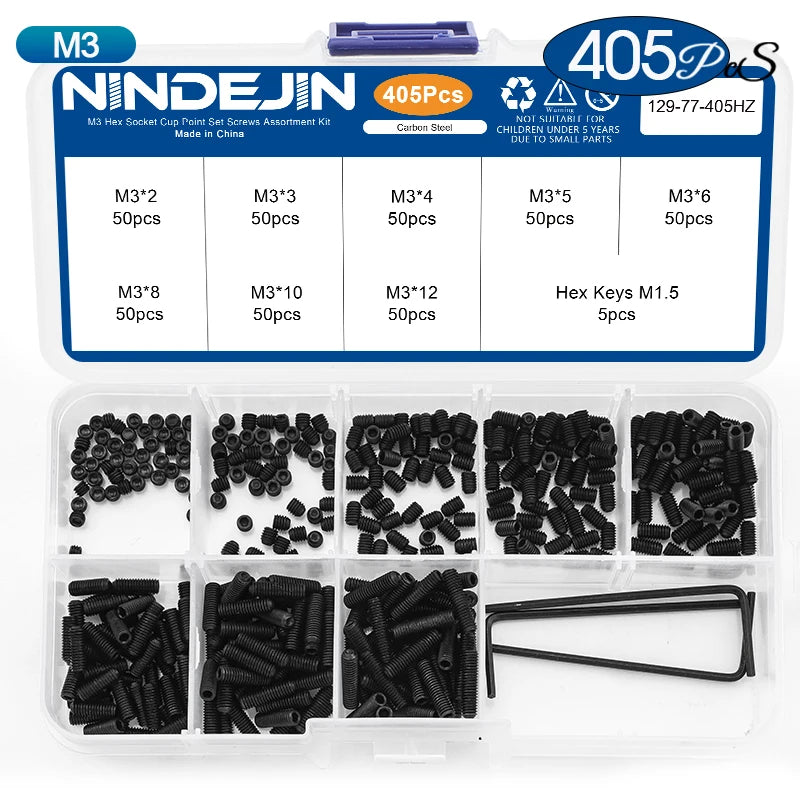 NINDEJIN Hex Socket Cup Point Set Screw M2 M2.5 M3 M4 M5 M6 M8 12.9 Carbon Steel Headless Allen Head Grub Screw Assortment Kit