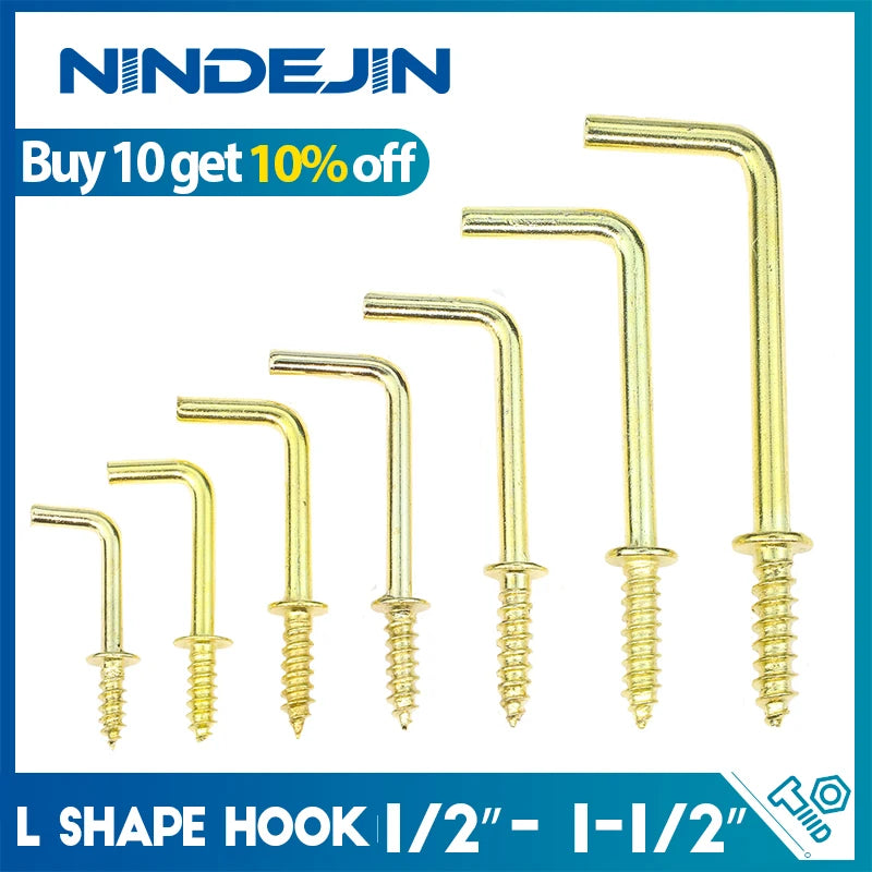 NINDEJIN 1/2"~1-1/2" Square Bend Hooks Kit Brass Plated L-Shaped Right Angle Screw Hook Self Tapping Screw in Hook for Hanging - KiwisLove
