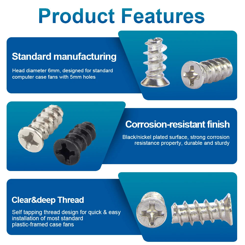 NINDEJIN 50pcs Mounting PC Case Fan Screws Phillips Flat Head Cabon Steel Computer Case Cooling Fan Screws for Hole 5.0mm