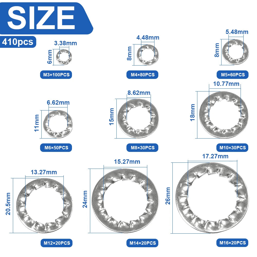 NINDEJIN 410pcs/set internal tooth lock washer assortment kit stainless steel m3 m4 m5 m6 m8 m10 star lock washer - KiwisLove