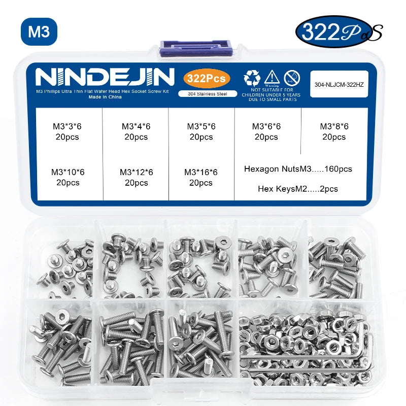 NINDEJIN Ultra Low Profile Head Screw Set M2 M2.5 M3 M4 M5 Stainless Steel Hex Socket Flat Thin Wafer Head Screws With Nuts Kit