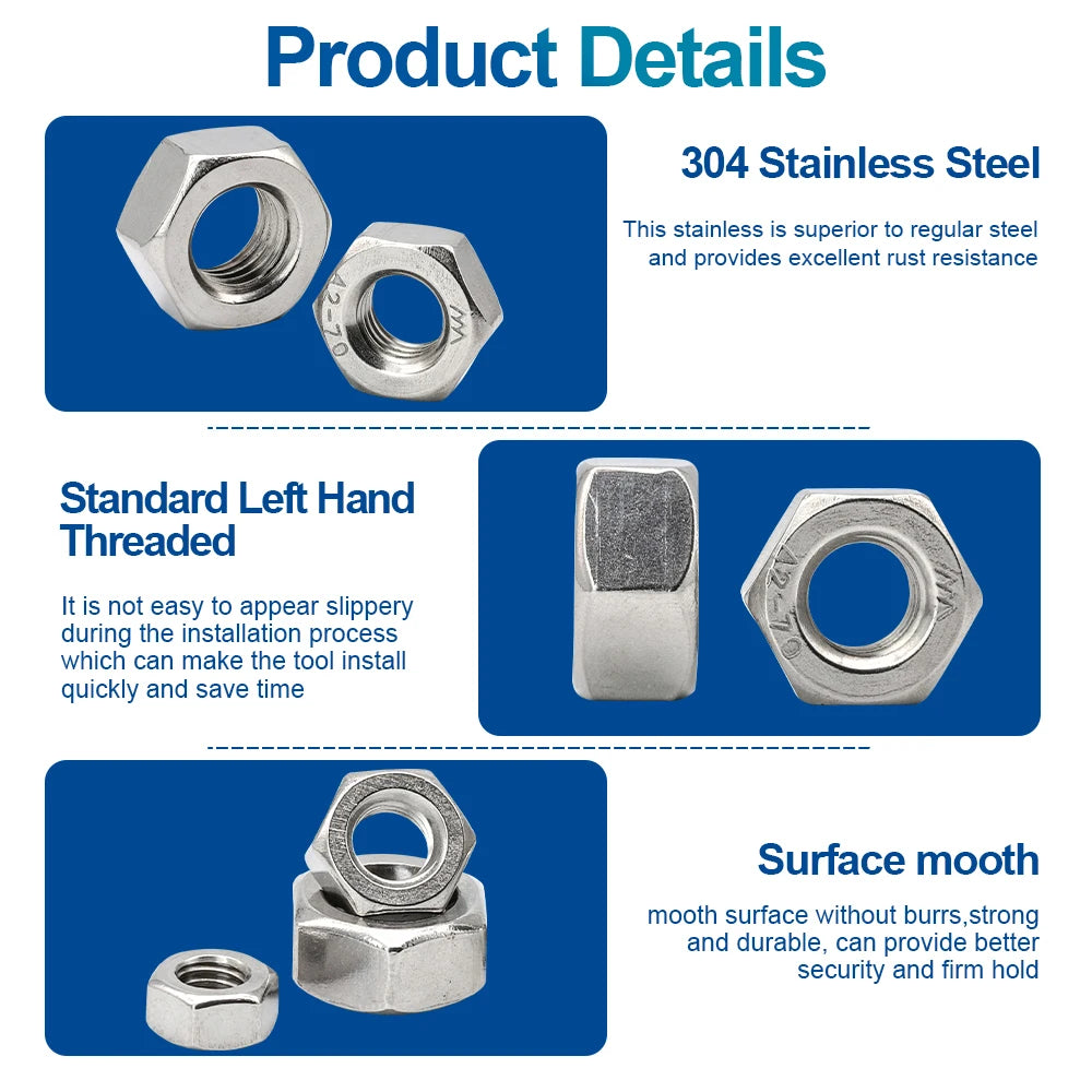 NINDEJIN 1-55pcs Metric Left Hand Threaded Hex Nuts M4 M5 M6 M8 M10 M12 M14 M16 M18 M20 M24 Stainless Steel Allen Nuts DIN934