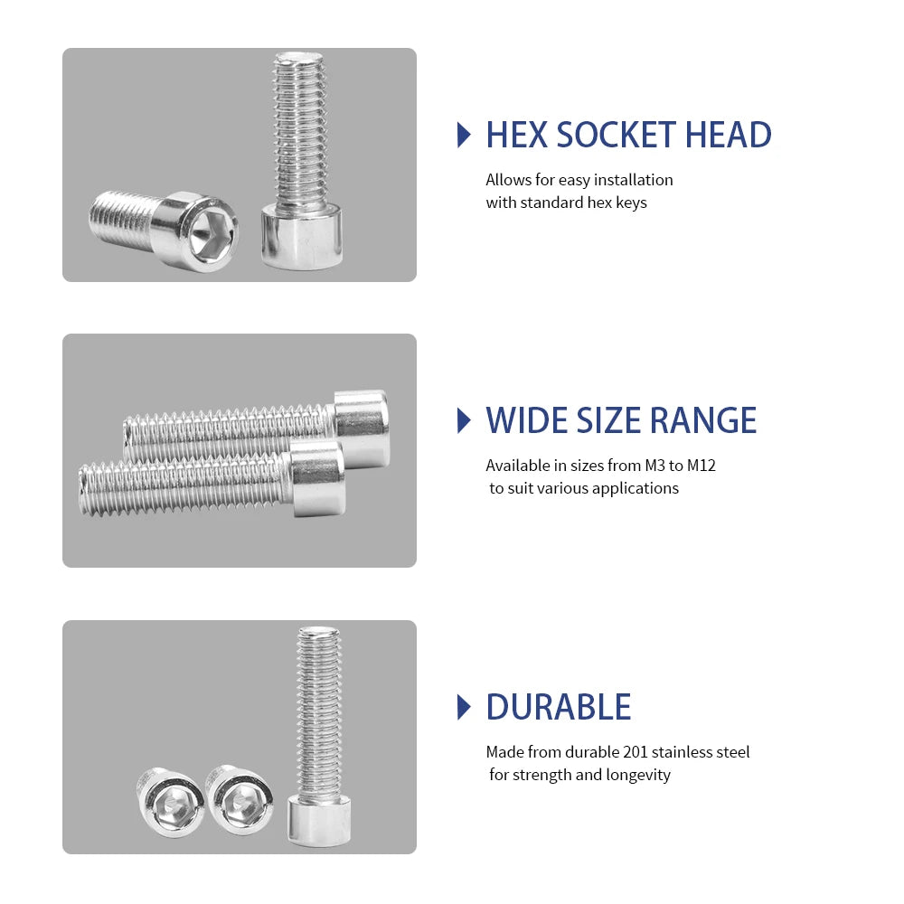 NINDEJIN 1-10pcs Hexagon Socket Head Cap Screw 201 Stainless Steel M3 M4 M5 M6 M8 M10 M12 Allen Head Bolt Without Knurled GB70