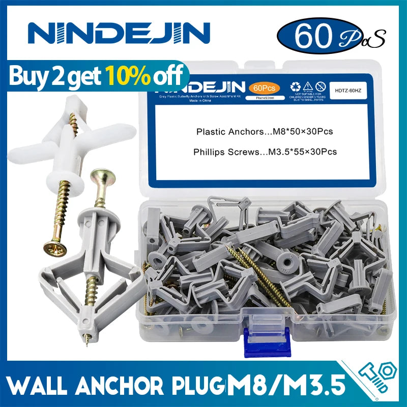 NINDEJIN 60pcs/set Drywall Anchor kit Hollow Wall Anchors with Screws Plastic Wall Anchor Butterfly for Gypsum Board