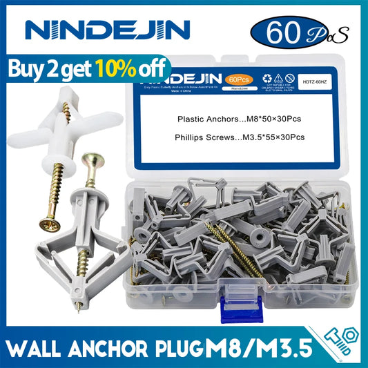 NINDEJIN 60pcs/set Drywall Anchor kit Hollow Wall Anchors with Screws Plastic Wall Anchor Butterfly for Gypsum Board