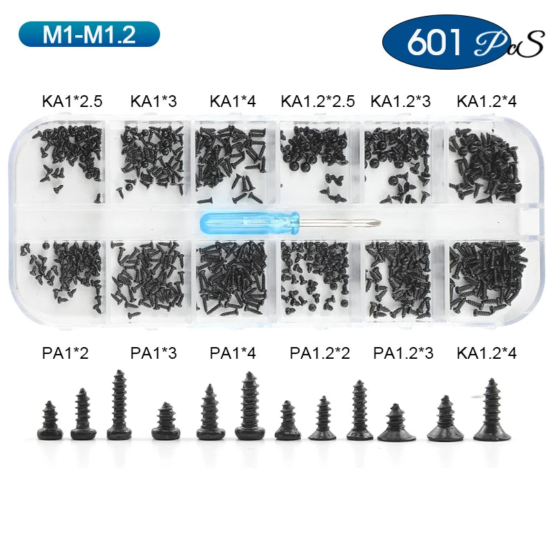 NINDEJIN Phillips Micro Screw Kit M1 M1.2 M1.4 M1.7 M2 Carbon Steel Electronic Small Tapping Screw Set for Glasses Phone Watches