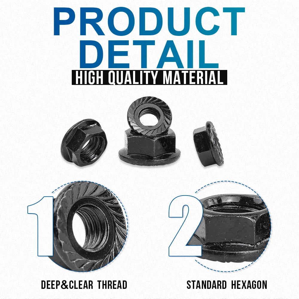 NINDEJIN 192pcs Black Flange Nut  Assortment Kit M3-M12 Hexagon Carbon Steel Serrated Spinlock Flange Lock Nut Set DIN6923