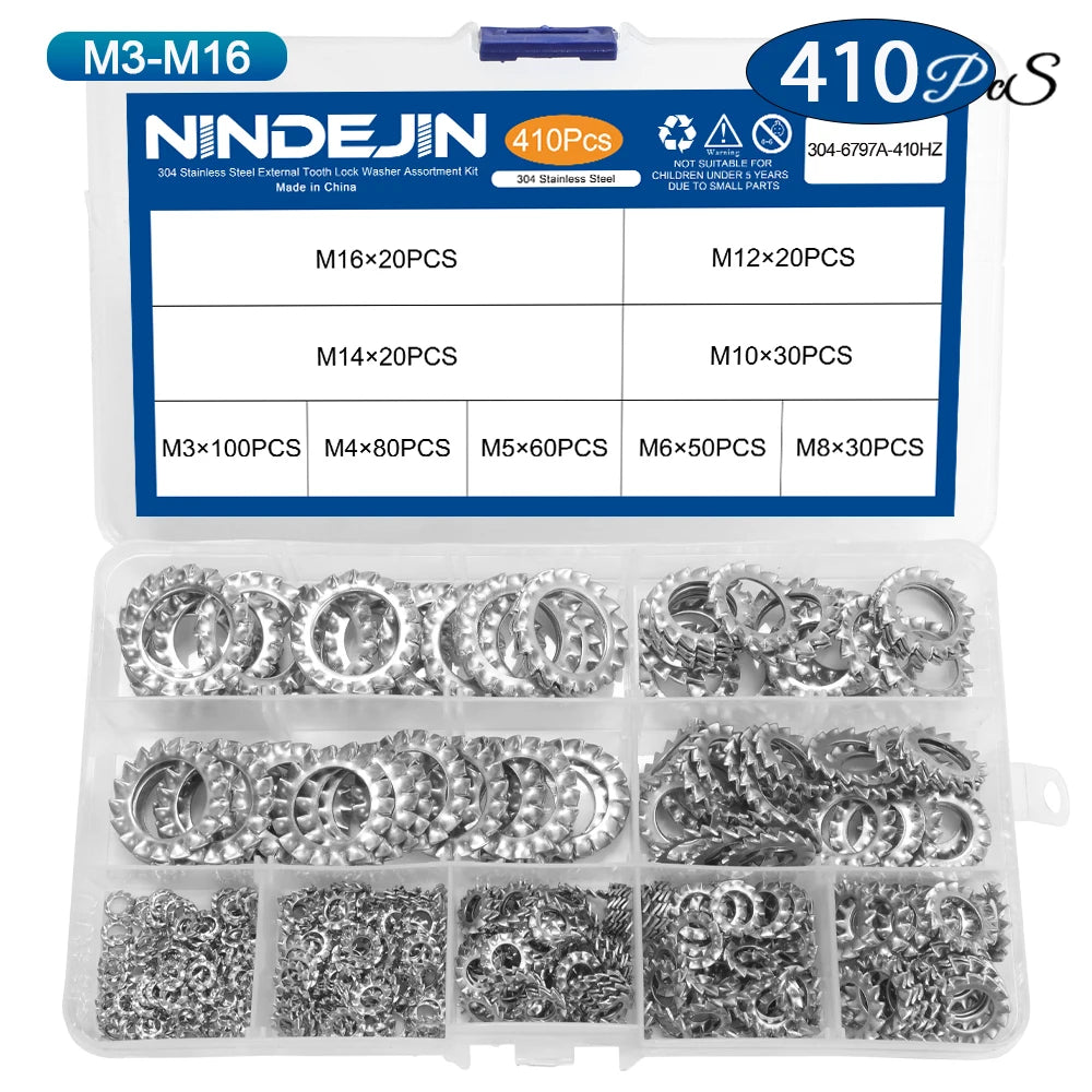 NINDEJIN 410pcs/set internal tooth lock washer assortment kit stainless steel m3 m4 m5 m6 m8 m10 star lock washer - KiwisLove