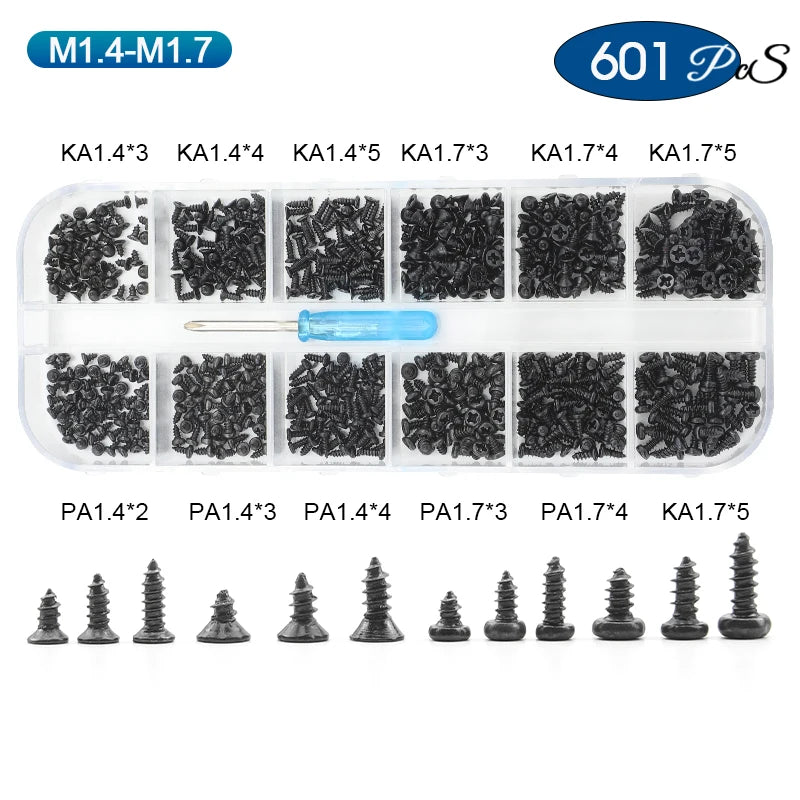 NINDEJIN Phillips Micro Screw Kit M1 M1.2 M1.4 M1.7 M2 Carbon Steel Electronic Small Tapping Screw Set for Glasses Phone Watches