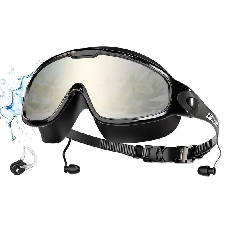 New Adult Wide View Swim Goggles Anti-Fog Anti-UV No Leak Pool Swimming Glasses with Earplugs for Men Women Youth