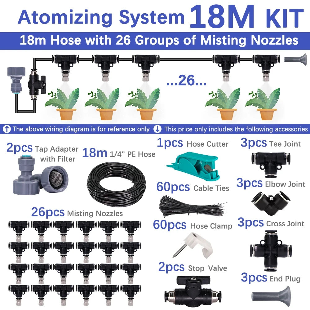 6-18m 0.6mm Misting Cooling System 60W Self-priming Pump Fine Atomization Sprayer for Garden Irrigation Humidification Watering