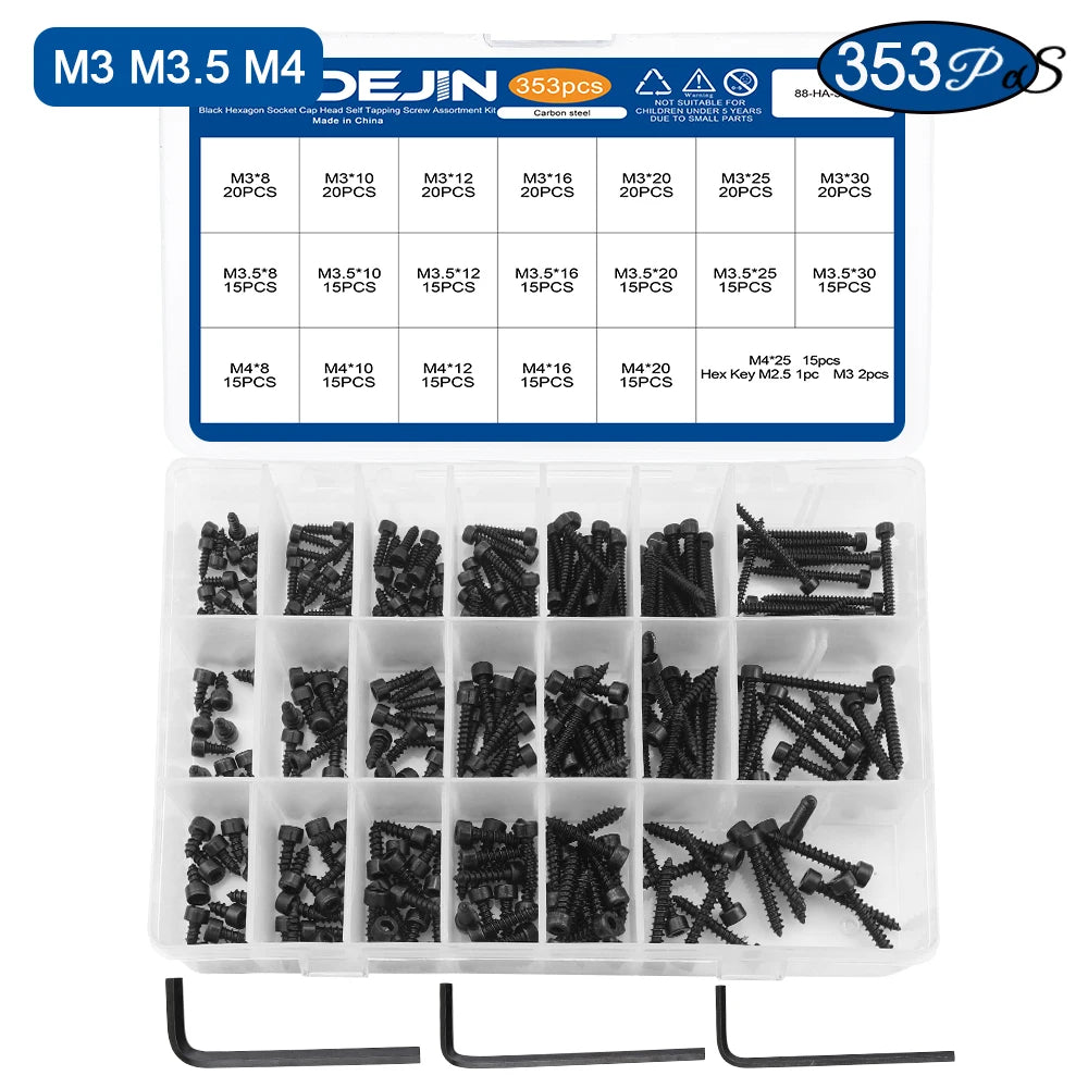 NINDEJIN 199/353pcs Hex Socket Cap Head Self Tapping Screw Set M3 M4 M5 M6 Carbon Steel Allen Head Tapping Screw Assortment Kit