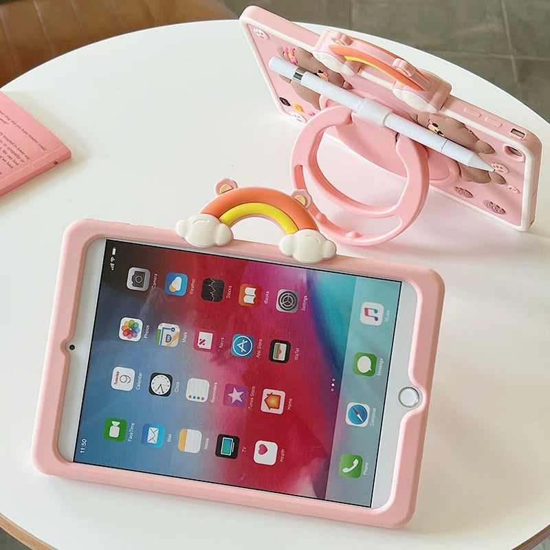 Cute Kawaii 3D Cartoon Bear for iPad Air11 2024 Pro11 M4 M2 IPad 10th Gen 9/8/7 10.2"/Air 3/Pro 10.5" Rotation Handle Stand Case