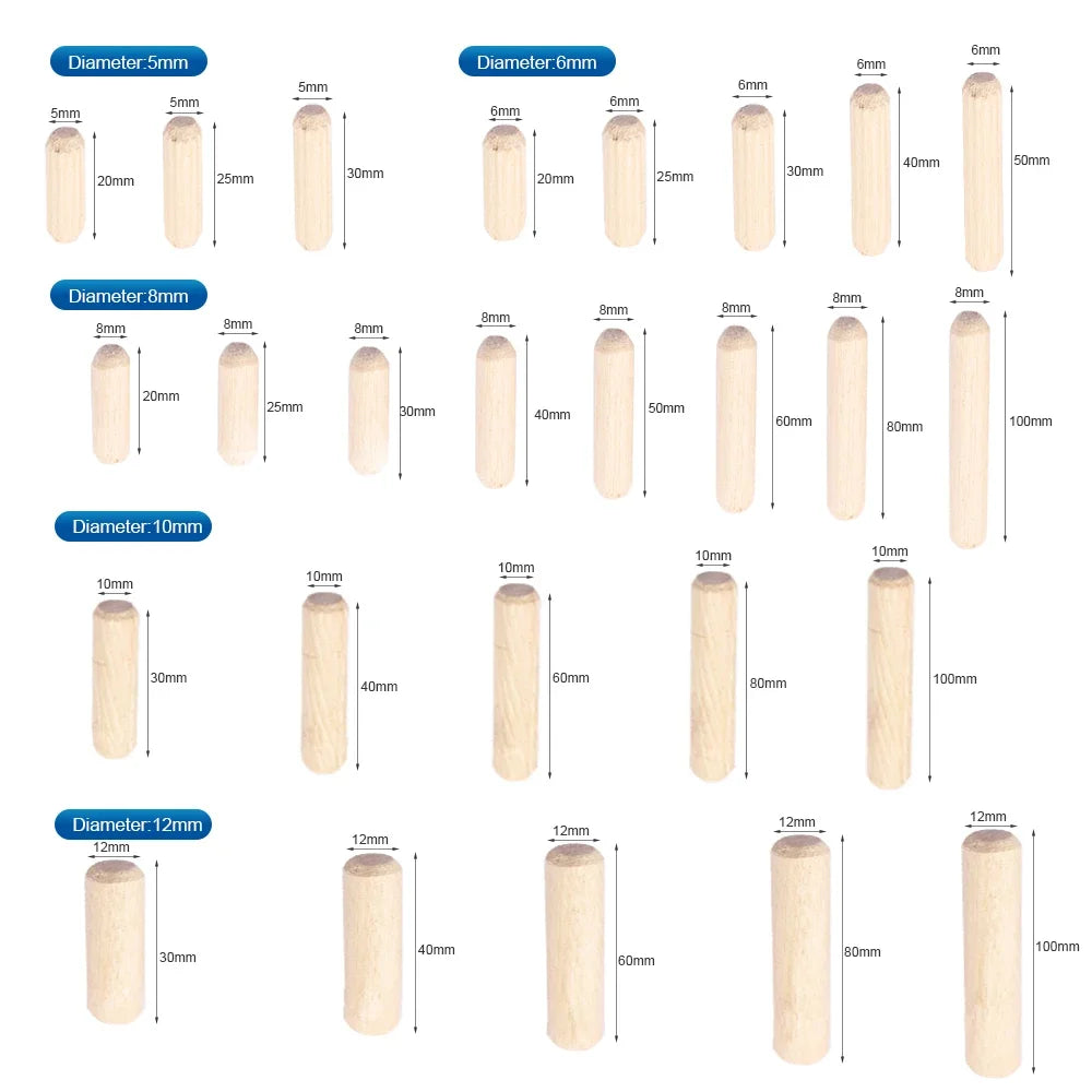 NINDEJIN 20/50pcs Wooden Dowel Pins M5 M6 M8 M10 M12 Straight Groove Wood Dowels Rods for Crafts Furniture DIY Manual