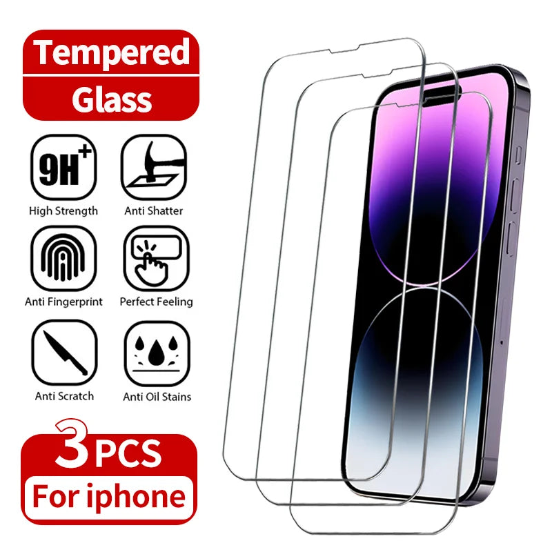 3Pcs Tempered Glass For iPhone 15 14 13 12 11 Pro Max Mini X XS Max XR 8 7 6 Plus Screen Protectors Film For iPhone SE 2020 2022 - KiwisLove