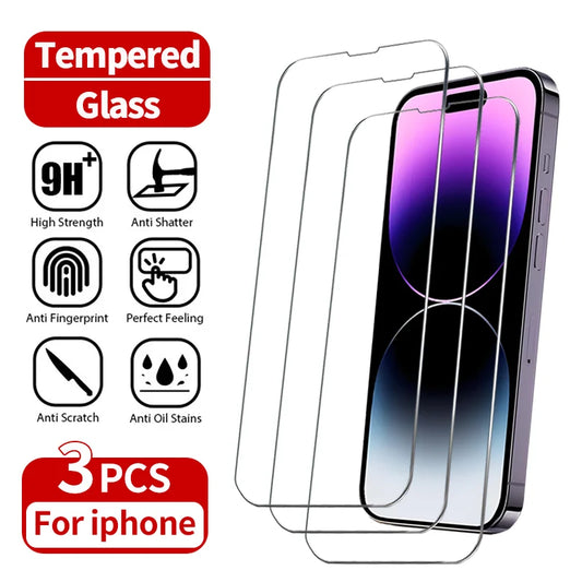 3Pcs Tempered Glass For iPhone 15 14 13 12 11 Pro Max Mini X XS Max XR 8 7 6 Plus Screen Protectors Film For iPhone SE 2020 2022 - KiwisLove