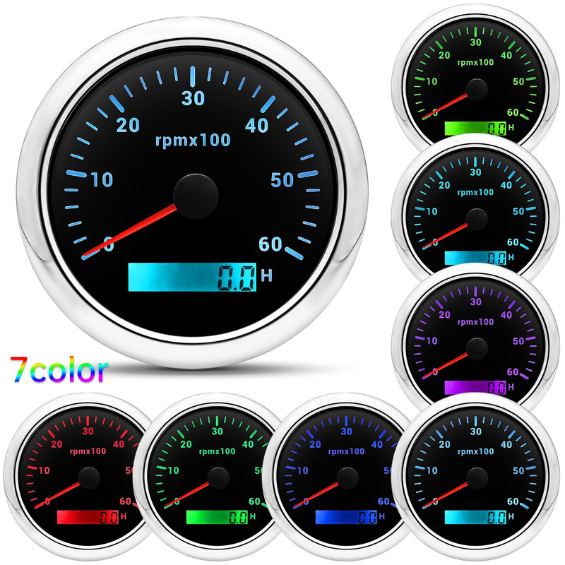 HD 85mm Tachometer With LCD Hourmeter 7 Color Backlight Tacho Gauge 3000 4000 6000 7000 8000 RPM For Marine Boat Car 12V/24V - KiwisLove