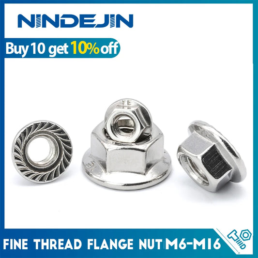 NINDEJIN 2-25pcs Fine Pitch Hexagonal Flange Nuts M6 M8 M10 M12 M14 M16 Stainless Steel Insert Locking Flange Nut DIN6923