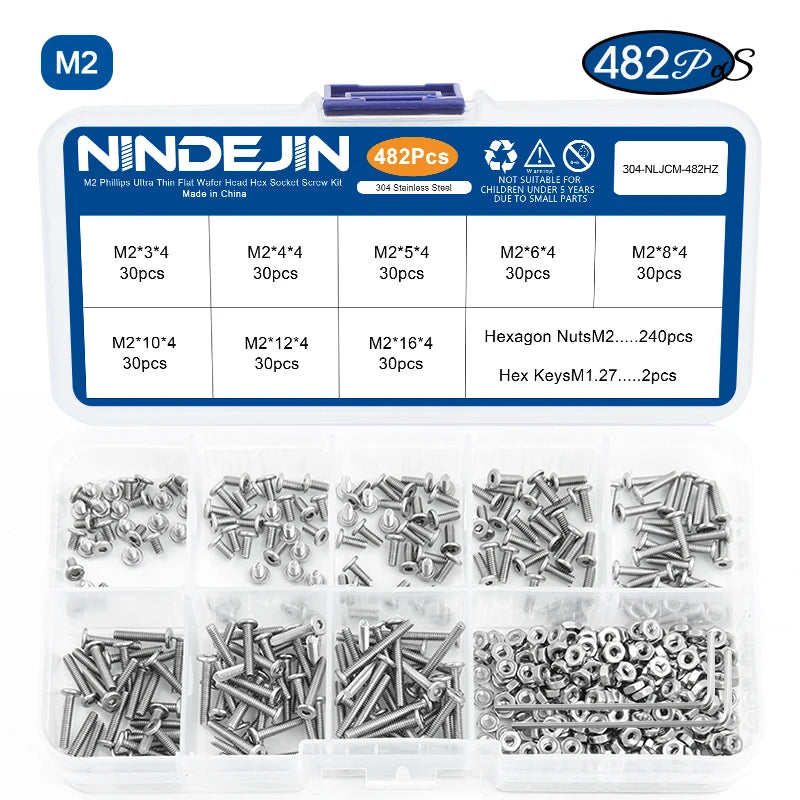 NINDEJIN Ultra Low Profile Head Screw Set M2 M2.5 M3 M4 M5 Stainless Steel Hex Socket Flat Thin Wafer Head Screws With Nuts Kit