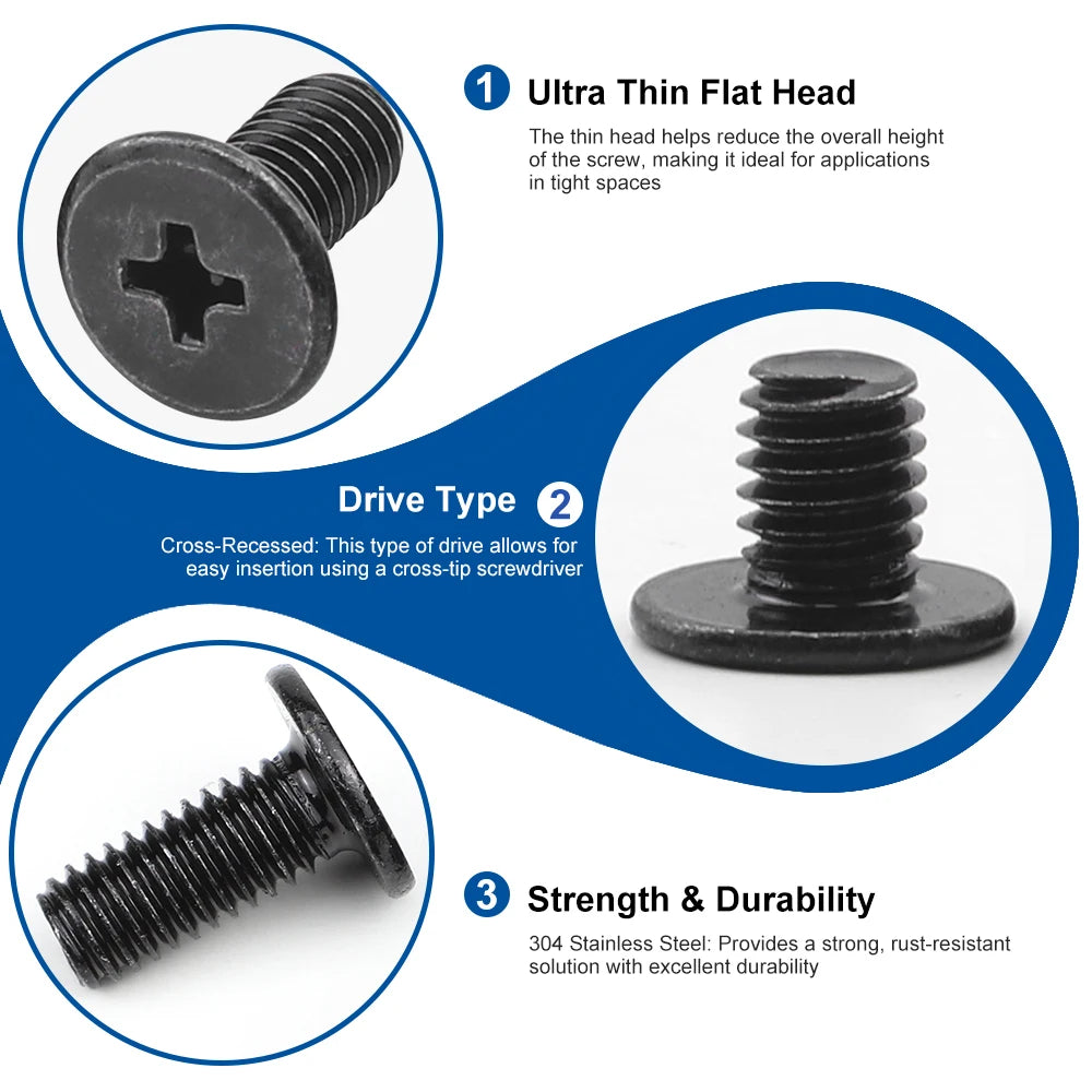 10-50pcs/bag Black 304 Stainless Steel Cross Ultra Thin Flat Head Machine Screw M2 M2.5 M3 M4 M5 M6 M8 Phillips Laptop Screw