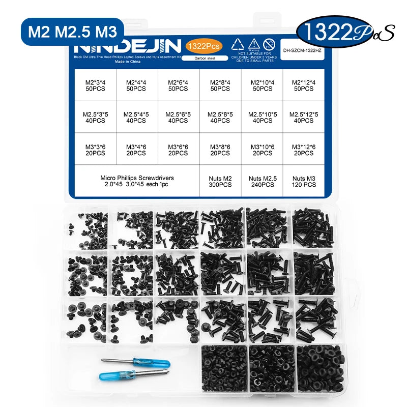 NINDEJIN Laptop Computer Screw Kit with Nut M1.6 M2 M2.5 M3 Ultra Thin Head Notebook Laptop Screw Set for Samsung HP Dell Lenovo