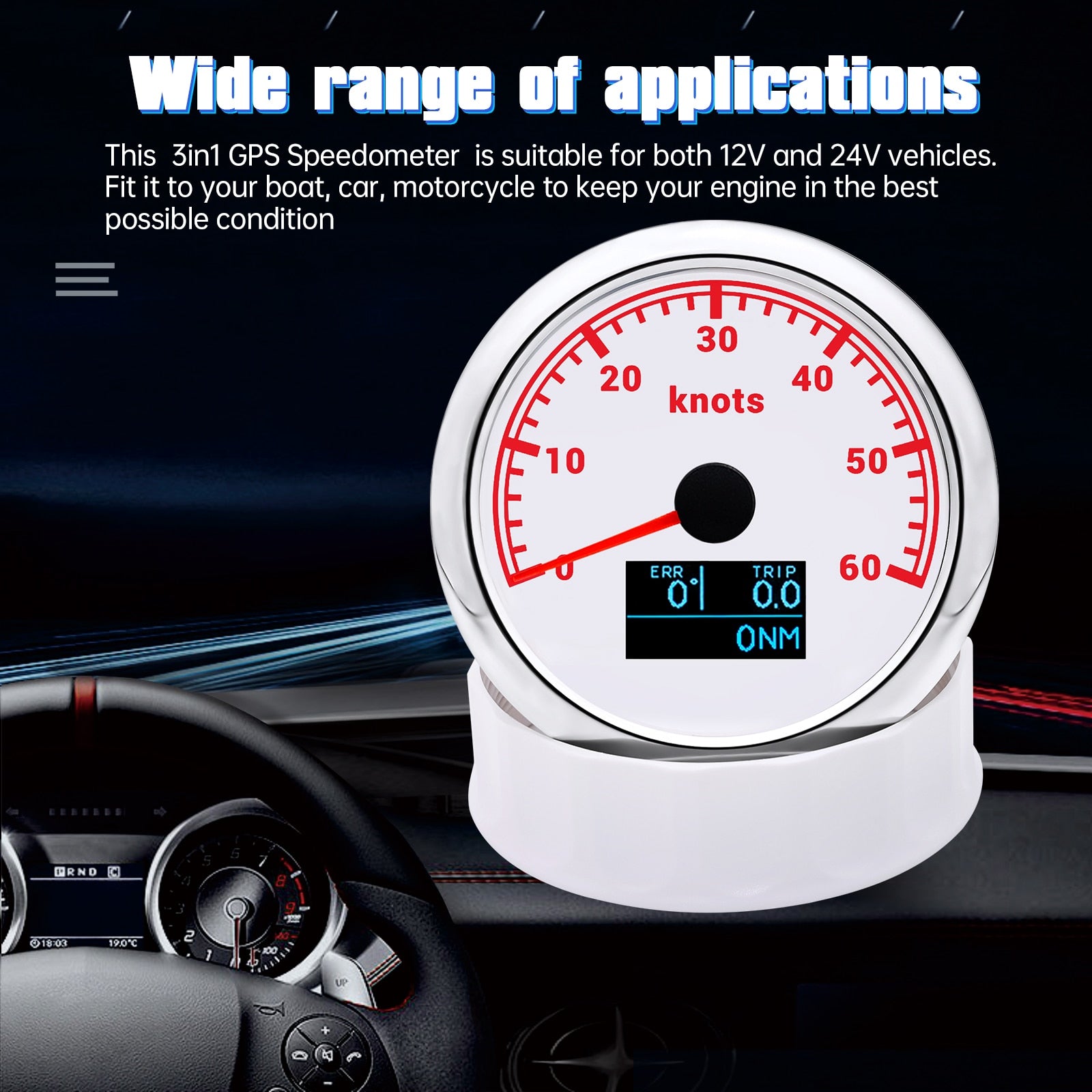 HD 85mm 3 in 1 Car Boat GPS Speedometer Gauge Digital speedometer Motorcycle gps 60km/h 60MPH 60knots Red LED With Antenna - KiwisLove
