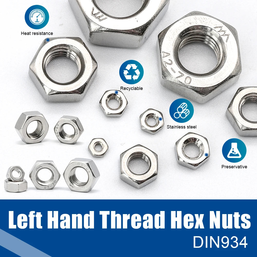 NINDEJIN 1-55pcs Metric Left Hand Threaded Hex Nuts M4 M5 M6 M8 M10 M1 ...