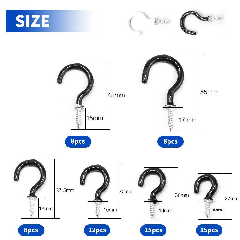 NINDEJIN 66pcs Screw hooks 3/4"-1-1/2" Black White Heavy Duty Screw in Hook Hanger Wood Wall Ceiling Hooks for Kitchen Shelf