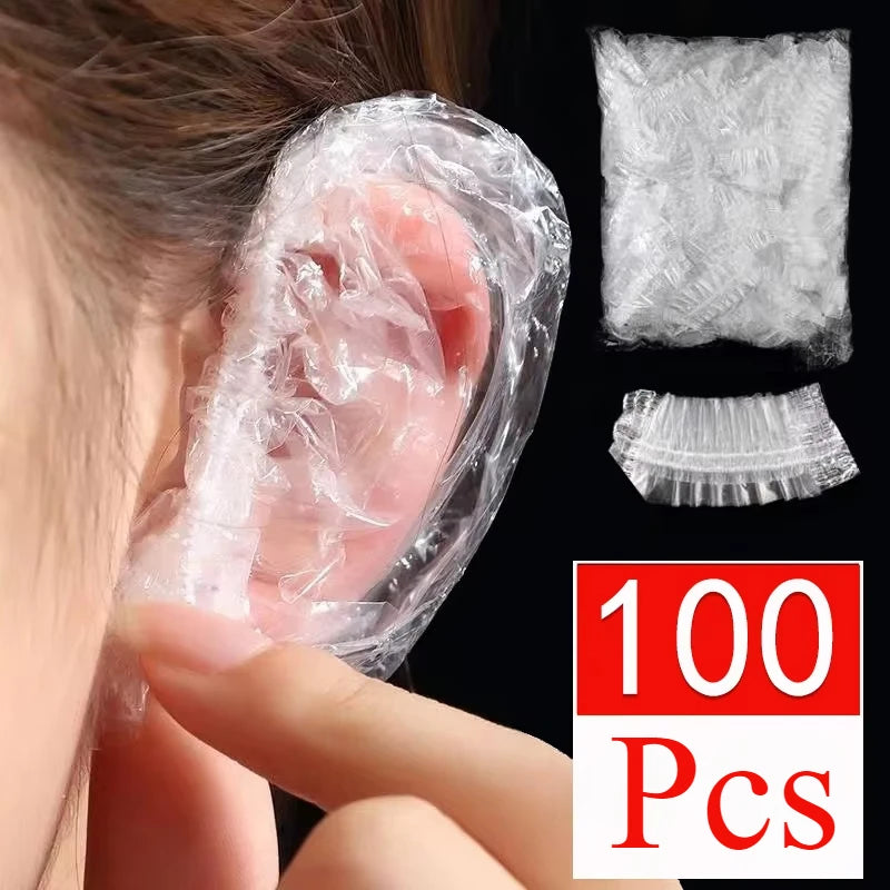 100PCS Disposable Hair Earmuff Dye Transparent Elastic Shower Hair Dye Protection Tool Shield Waterproof Earpack Plastic Wrap
