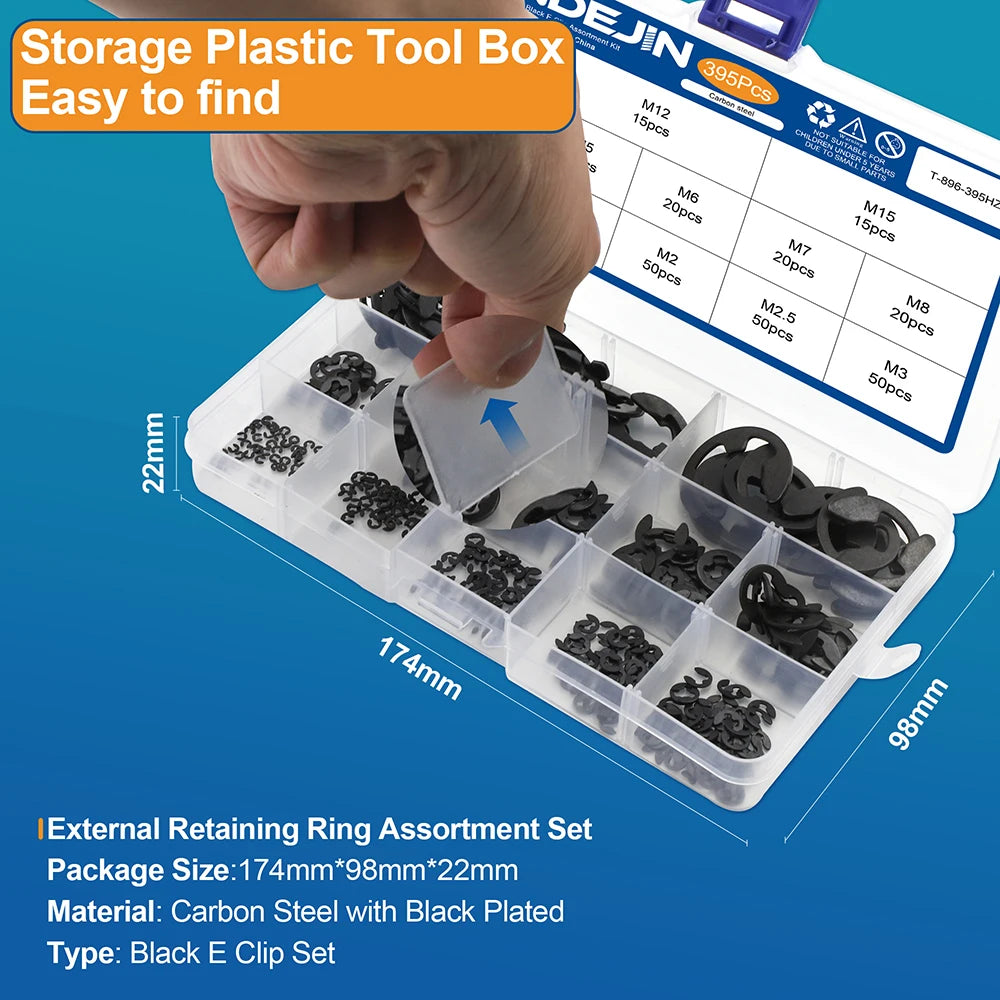 NINDEJIN E Clip Set 395pcs 810pcs M1.2-M15 Black Carbon Steel E-clip Assortment Kit External Retaining Clips Circlip Washer - KiwisLove