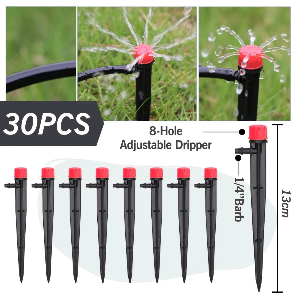 1/4'' Drip Irrigation System Hose Kit Adjustable 13CM Sprinkler Kit for Garden Flowers Greenhouse Vegetable Indoor Pots System