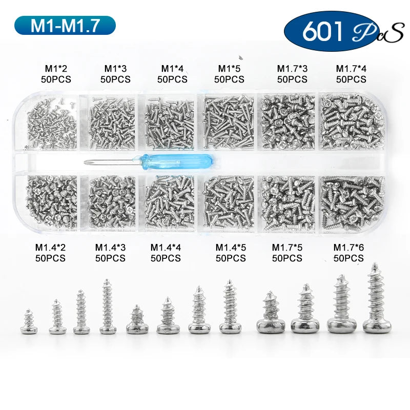NINDEJIN 601pcs Electronic Screw Kit Nickel Plated Flat Round Head Mini Micro Screw Set Phone Glasses Tapping Screw Kit M1-M1.7