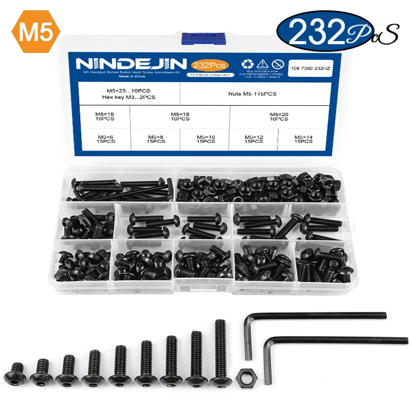 NINDEJIN hex hexagon socket button head screw nut carbon steel m2 m2.5 m3 m4 m5 m6 allen round head screw set bolt and nut set