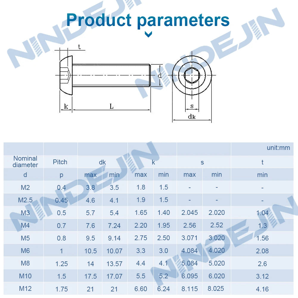 Hex Hexagon Socket Button Round Head Screw Bolt M2 M2.5 M3 M4 M5 M6 M8 M10 M12 Carbon Steel Black Allen Screw for Motorcycle